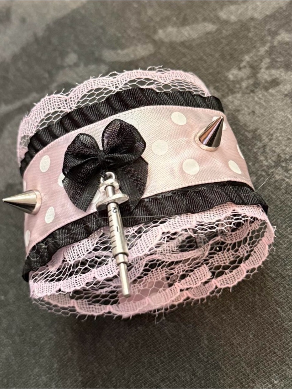 Pink and Black Polka Dot Lace Cuff Bracelet with Spike Accents